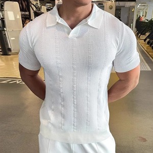 NOVEDAD DE VERANO 2025, polos ajustados informales para hombre, camisetas de punto con cuello vuelto de Color sólido con estilo, jerséis de manga corta a la moda para hombre - Product Image 6