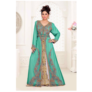 Trendy Moroccan Kaftan <b>Full</b> Sleeve V Neck Georgette Abaya Dress with Embroidery Handmade in India for Eid & Parties - Product Image 1