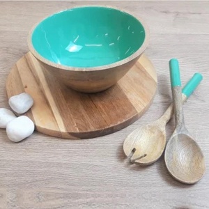 Natural Wood Round Salad Serving <b>Bowl</b> Light <b>Blue</b> Enamel Inside Set with Matching Salad Serving <b>Bowl</b> With Spoon - Product Image 2