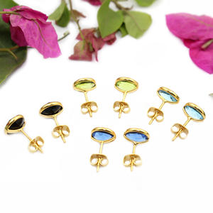 Unique Fashion Swiss Blue Hydro Quartz Round Shape 8 MM 24K Gold Plated Bezel <b>Stud</b> <b>Earrings</b> For Women Wholesale Jewelry Party - Product Image 3