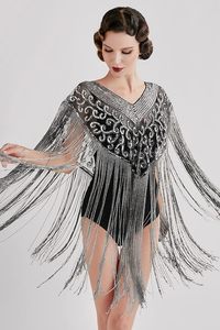 Belle élégante cape droite burlesque perles brins perlés paillettes attache cou tenue au sol pour club festif - Product Image 5