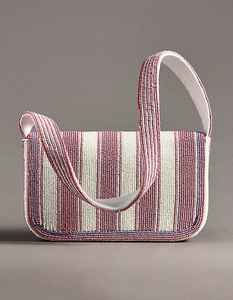 กระเป๋าสะพายไหล่ลายทางแนวตั้งสีชมพูขาวประดับลูกปัดทรงสี่เหลี่ยมผืนผ้าพื้นผิวลูกปัดเม็ดเล็กสำหรับงานปาร์ตี้ยามเย็นเครื่องประดับแฟชั่น - Product Image 1