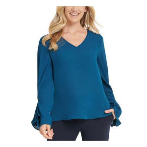 Top Casual da Donna DKNY con Scollo a V e Maniche Lunghe Arricciate, Colore Verde Acqua, Taglia Media - Product Image 1