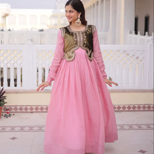 Vestido Kothi Mal Chanderi con Cuentas, Bordado de Lentejuelas, Largo hasta el Suelo, para Fiesta, Verano, Floral, Cintura Natural - Product Image 1