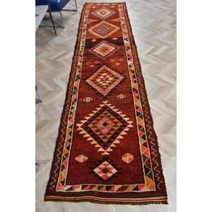 2.7x11.4 ft Vintage <b>Runner</b> Rug, <b>Red</b> Orange Turkish Camouflage Wool Rug - Product Image 1