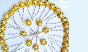 Yellow Traditional Indian Pearl Gotta Patti Artificial Flower Maang Tikka Handmade for Bridal Bridesmaid Mehndi Haldi Sangeet - Product Image 3