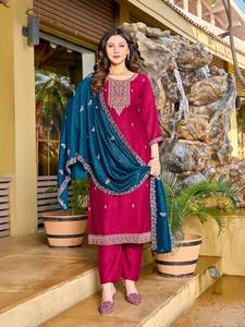 ผ้าไหม vichitra แบบดั้งเดิมที่ทันสมัยการเย็บปักถักร้อยลำดับการทำงานด้านล่าง dupatta พร้อมสวมใส่ทุกฤดูกาล kurta ชุดราคาต่ำ - Product Image 3