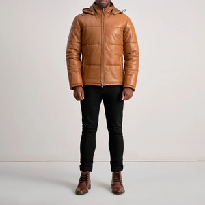 Blouson matelassé en cuir à capuche pour homme, style streetwear d'hiver, fermeture éclair sur le devant, imperméable, respirant, cuir véritable - Product Image 4