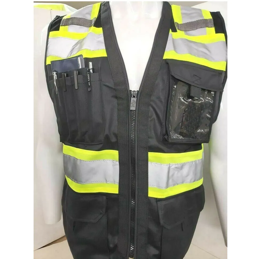 Hi Vis Black Vest Reflective Security safety Vest Construction Work Vest Zipper Closure Custom logo Multi Pockets Sustainable