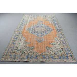 พรมตุรกี ขนาด 5.8x8.7 ฟุต พรมวินเทจ พรมขนสัตว์ลายดอกไม้สีส้มน้ำเงิน - Product Image 1