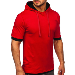 T-shirt à manches courtes pour homme, rouge, à capuche, coupe ajustée, avec bordure contrastante, style décontracté, tricoté, couleur unie, teinture unie - Product Image 5