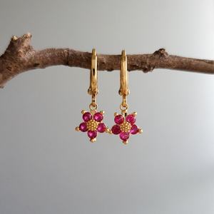 Natural Pink <b>Ruby</b> Sterling Silver Earrings Fuchsia Gold Flower Design Cute Dainty Floral Jewelry Gift for Her - Product Image 5