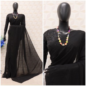 Hot Sale Designer Party Look <span class=keywords><strong>Sexy</strong></span> schwarze Farbe Georgette Plain Saree mit Designer Heavy Thread & Sequence Work Organza Bluse - Product Image 5