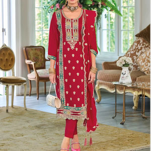 Costume prêt à l'emploi de style pakistanais chinon de qualité supérieure avec broderie lourde partout pour adultes - Product Image 1