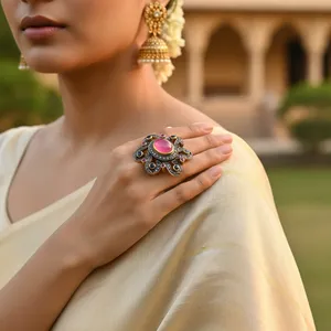 Anillo de Piedras Preciosas de Joyería Art Palace para Mujer con Rubí y Zafiro, Topacio de Corte Ovalado, Chapado en Rodio - Product Image 2