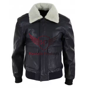 Blouson aviateur personnalisé en cuir noir pour hommes avec col détachable-High-Quality Hasnain Products - Product Image 1