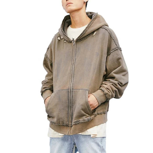 Sudadera con Capucha Vintage Lisa al por Mayor, Hecha a Mano, con Cierre, para Hombre, con Borde Crudo, Personalizada, Lavada al Ácido, con Cierre, 100% Algodón de Felpa - Product Image 4