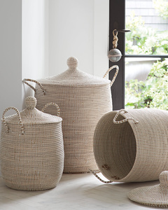 Collection woven Bolga <b>basket</b> Customized Natural Seagrass Hyacinth Round Laundry Storage <b>Basket</b> Organizer with lid handles - Product Image 2