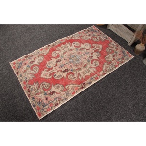 Vintage Eco-Friendly <b>Wool</b> Turkish Rug 4.3x7.3 ft (132x224 Cm) <b>Red</b> Patchwork with Latex Backing - Product Image 3