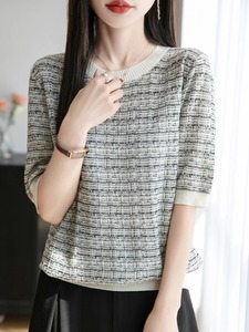 Camiseta de manga corta jacquard a la moda para mujer verano 2025 nueva camisa base elegante de talla grande top de punto para mujer - Product Image 4