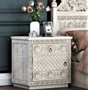 Mesita de noche moderna convertible de madera maciza de teca hecha a mano encalada tallada con cajón muebles de dormitorio apartamento uso doméstico - Product Image 5