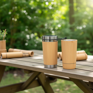 Bicchieri Personalizzati in Acciaio Inossidabile con Design a Secchiello in Bambù - Tazza Gadget Personalizzabile - Product Image 3