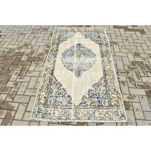 Alfombra Vintage, Alfombra Decorativa de 3.4x6.4 pies, Alfombra de Lana Azul y Amarilla - Product Image 1