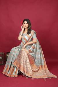 Sari en soie de Varanasi royal et riche avec de la soie de lin pur avec un magnifique sari imprimé numériquement - Product Image 3