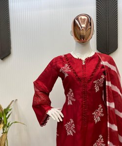 FANCY ROMAN SILK EMBROIDERY WORK TOP BOTTOM WITH DUPATTA FESTIVE WEAR WHOLESALE PRICE ETHNIC GARMENT RANI INDIAN PAKISTANI SET - Product Image 2