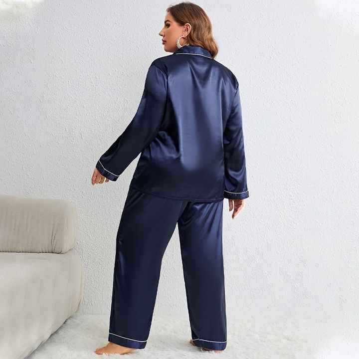 Women's Plus Size 2pcs Sleepwear Sets Long Sleeve Satin Pajamas Buttons Solid Full-Length Pants Simple Nightwear Lounge Outfits