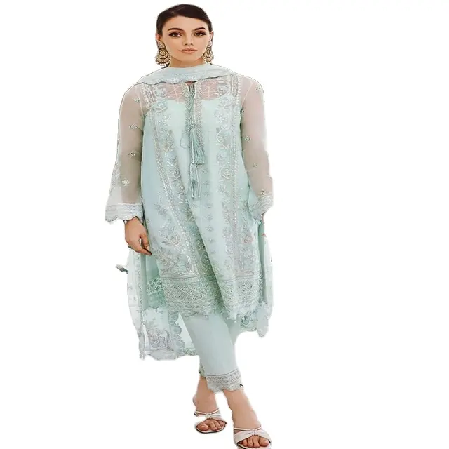 Parti giymek Shalwar kameez kadınlar için çok kaliteli şifon şeyler ile çok ince işlemeli nefes elbise