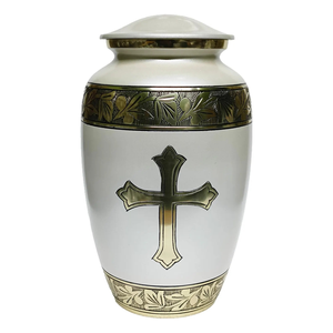 Urne funéraire blanche et dorée avec croix Urne funéraire adulte pour cendres humaines Urne commémorative religieuse avec motif de feuille gravé - Product Image 1