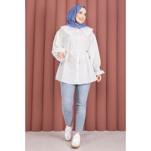 Túnica Blanca para Mujer con Cuello Bordado y Cintura Ajustable con Cordón, Popelina Floral de Rayón, Corte Holgado Informal para Fiestas, Talla XL - Product Image 3