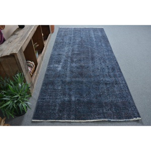 Alfombra Turca Vintage, Alfombra de 3.8x8.7 pies, Alfombra de Lana Marroquí Azul y Negra - Product Image 1