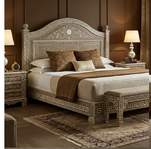 Cama moderna de madera oscura con delicado incrustado de hojas. Estética elegante disponible a precios de mayoreo. - Product Image 2