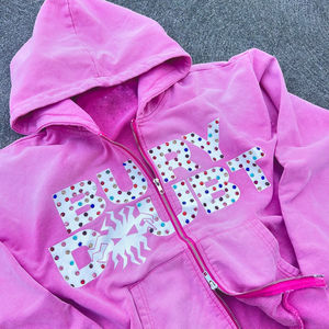 Fábrica nueva personalizada Vintage lavado peso pesado algodón francés Terry sudaderas con capucha doble cremallera hombres cristal Rhinestone Sudadera con capucha - Product Image 2