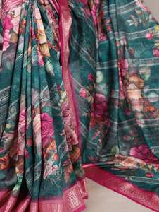 Haute qualité Tussar soie Viscose bordure imprimé Saree chemisier non cousu pièce dernière conception traditionnelle pour mariage et fête porter - Product Image 3