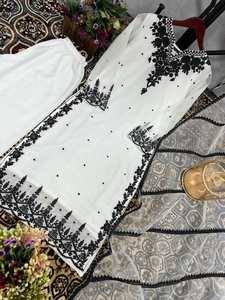 ชุดเดรสงานปาร์ตี้ผ้าจอร์เจตต์ลายปักแฟนซีพร้อมผ้าคลุมไหล่ ราคาขายส่ง เสื้อผ้าชาติพันธุ์อินเดีย - Product Image 6