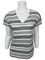 T-shirt en jersey 100 % coton rayé pour femme, grande taille, col en V, design formel, logo brodé, boutons, manches mi-longues, coupe ample