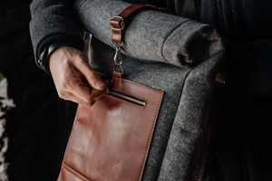 Custom fasion Style Genuine <b>Leather</b> Roll Top <b>Laptop</b> Rucksack Winter Backpack in Grey Perfect Gift for Boyfriend - Product Image 4