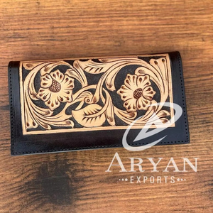 El más vendido hecho a mano vaquera cuero genuino Floral mano Tooled Western mujeres billetera con tallado a mano última mujer billetera de lujo - Product Image 1