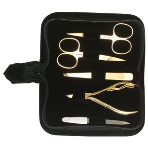 Juego de instrumentos de pedicura para manicura chapados en oro de primera calidad, 5 uds., herramientas de acero inoxidable, bolsa de cuero Artificial, venta completa, belleza de uñas - Product Image 1