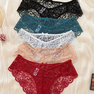 Latest Hot Selling <b>Sexy</b> Lace Briefs Women-Breathable Seamless Knitted Solid Eco-Friendly Semi-Sheer Bow Nylon Elastane Blend - Product Image 1