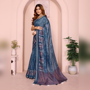 Sari ethnique bleu à imprimé numérique Chanderi pour les occasions festives de mariage, boutique indienne, design Bollywood, sari noir - Product Image 3