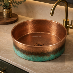 Lavabo de Cobre Hecho a Mano DIVRIS, Lavabo Individual Redondo para Colocar Sobre Encimera, Acabado Mate Rústico, Superficie Martillada, Fácil de Limpiar - Product Image 3