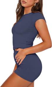 Ensemble d'entraînement 2 pièces côtelées sans couture pour femmes haut court à manches courtes Short de yoga taille haute en coton pour la salle de sport de tous les jours - Product Image 6