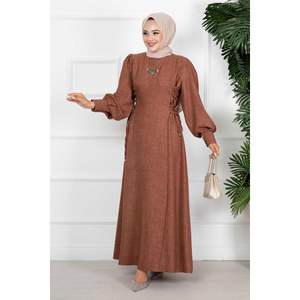 Brown <b>Linen</b> Modest Hijab <b>Dress</b> with Side Ties - Product Image 5