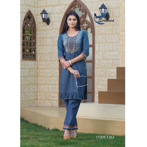 Exclusive Most Trending <b>Top</b> Quality Pure 100% Cotton Denim Kurti Pant With Embroidery Work <b>Indian</b> Exporter and Supplier - Product Image 1
