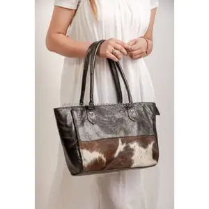 Cowhide चमड़े हैंडबैग बड़े ढोना पर्स बैग कंधे बैग असली Cowhide के ब्राउन और सफेद चमड़े बाल पर बैग-उपहार उसके लिए