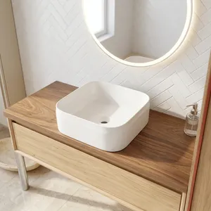 Étagère de salle de bain en noyer foncé massif avec lavabo vasque en céramique vanille mate, finition naturelle, aspect moderne fabriqué en Italie - Product Image 6